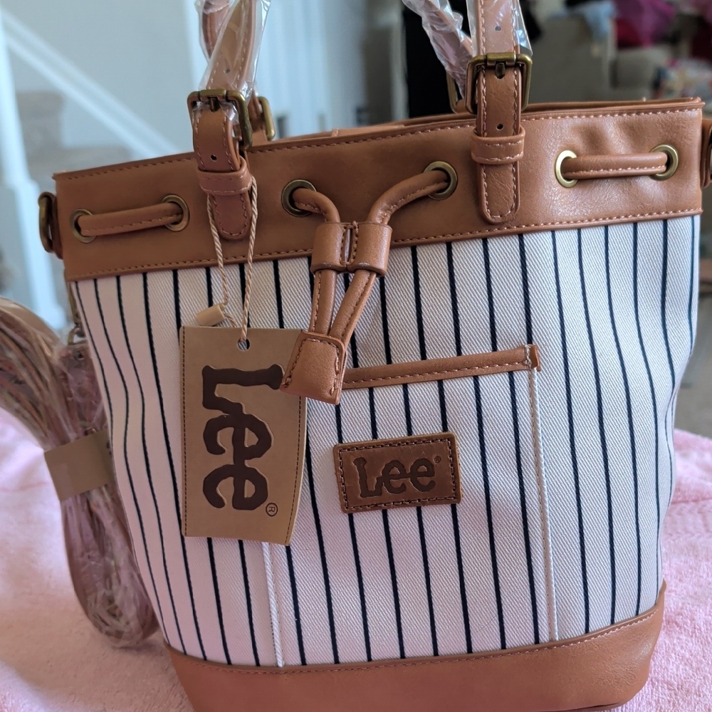 Lee White Canvas Pinstripe Tote with Tan Trim